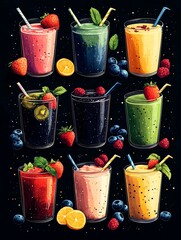 A vector illustration of various smoothies scattered around in a cartoon style,