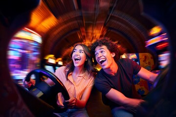 Excited Couple Enjoying a Racing Arcade Game