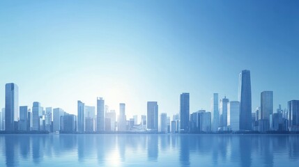 Fototapeta premium A serene city skyline reflecting on water under a clear blue sky.