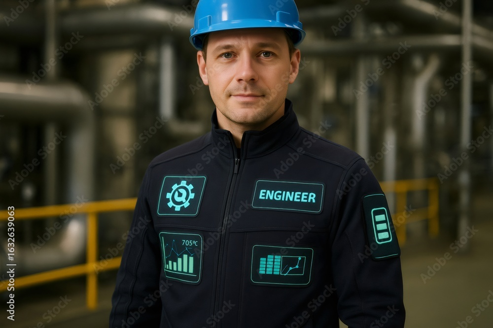 Poster industrial engineer wearing smart overalls with futuristic digital display showing real time data an