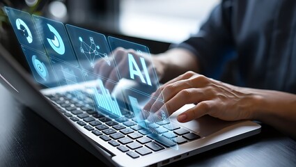 Person using laptop with AI interface and data analytics