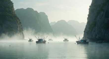 Misty morning fishing boats in mountain bay