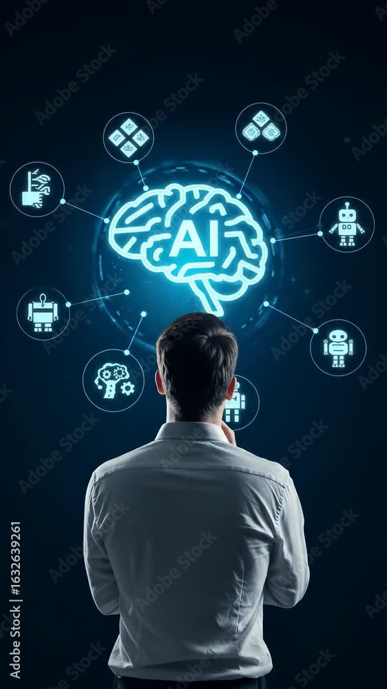 Poster artificial intelligence: one man ponders the concepts of ai represented by glowing digital icons con