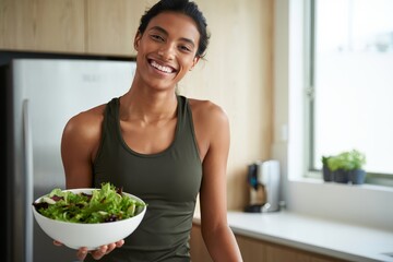 Healthy Woman Holding Salad Bowl in Bright Kitchen
