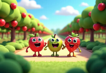 Three cheerful anthropomorphic fruits with big eyes and smiling faces: a red apple, a green apple, and a strawberry, stand in a sunny garden.