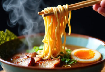 Close-up of steaming ramen noodles being removed from a soup in a ceramic bowl using wooden chopsticks.