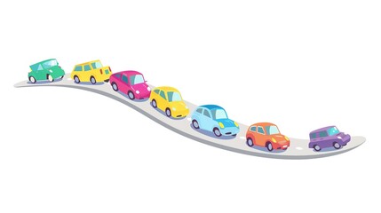 Roadside Fun: Lively Picture of Cartoon Cars Driving on White Cartoon Background – Brightly Colored Vehicles with Round Wheels, Smiling Windshields, and Wavy Tire Tracks, Zooming in Simple