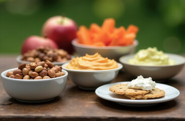 A selection of healthy snacks in bowls: a nut mixture, sliced apples, carrot sticks with hummus, and whole-grain crackers with cottage cheese are laid out on a wooden table.