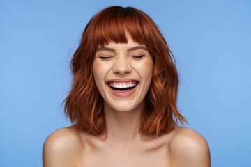 Joyful Woman Laughing with Closed Eyes - Studio Portrait