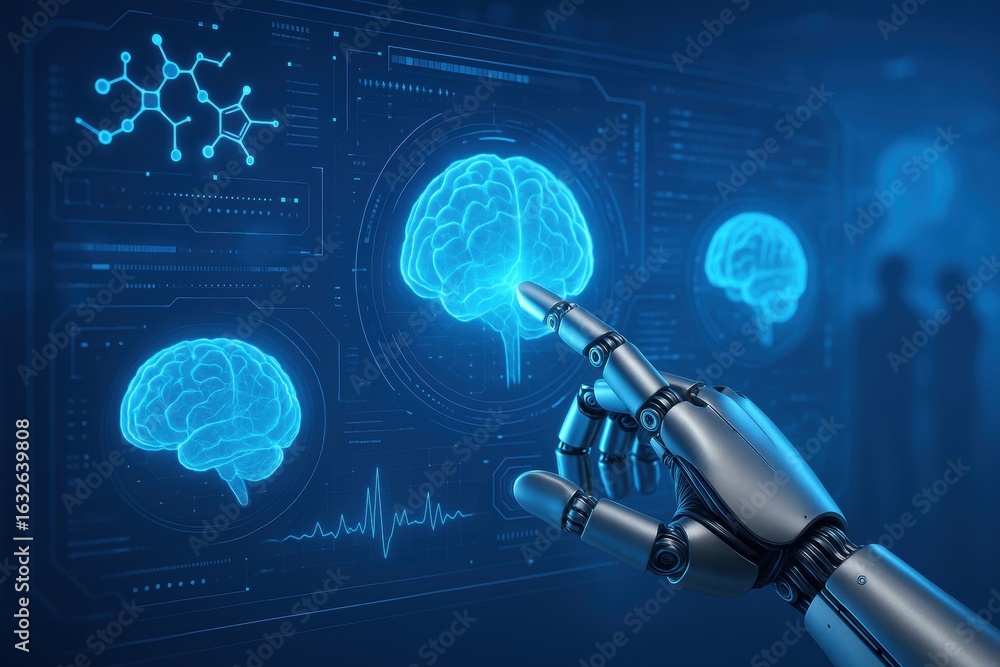 Poster ai-powered brain: an ai robot finger interacts with a digital representation of a human brain, showc