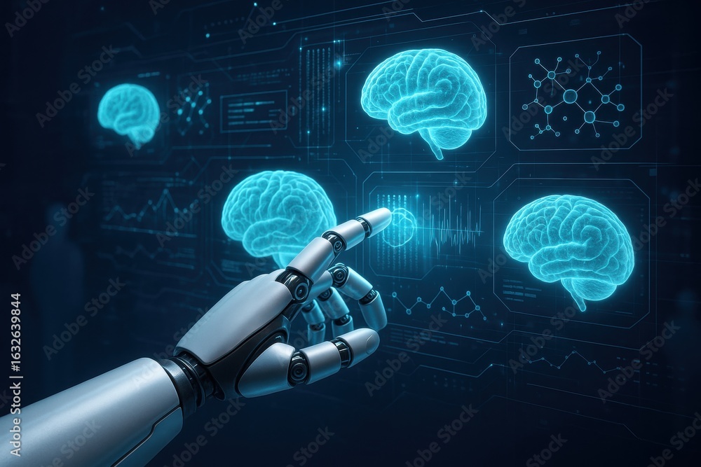 Poster Artificial Intelligence and Brain: An advanced robotic hand interacts with holographic displays of human brains, exploring the intricacies of artificial intelligence and neural networks.