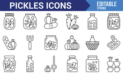 Icon collection of preserved foods like pickles, cucumbers, and onions