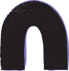 Black uppercase letter n with grunge texture and purple shadow. Bold stencil typography style in a simple vector illustration.