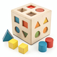 Fototapeta premium Realistic Wooden Shape Sorter Cube with Colorful Blocks, White Background, No Shadow