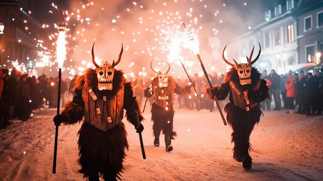 Masked figures in traditional costume hold torches amidst snowy festival celebration