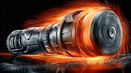 A high-speed grinding tool creating fiery sparks, ideal for industrial concepts.