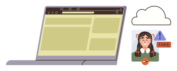 Laptop screen beside flagged digital image with fake label, alert icon, and cloud graphic. Ideal for media verification, cybersecurity, misinformation, AI detection, digital education, online trust
