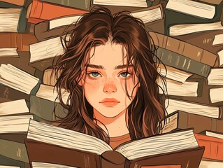 books, in the style of feminine sticker art, scumbling, smilecore, light brown, subtle expressions