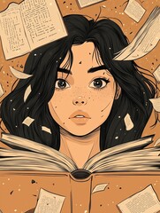 books, in the style of feminine sticker art, scumbling, smilecore, light brown, subtle expressions