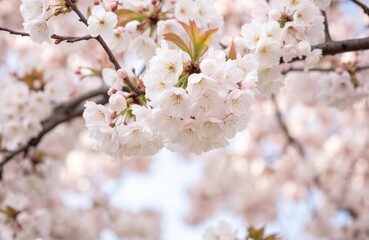 Obraz premium Close-up of cherry blossom tree in full bloom with pink and white flowers. Tree stands tall with heavy branches. Imposing presence. Blurred background hints at darker blue sky.