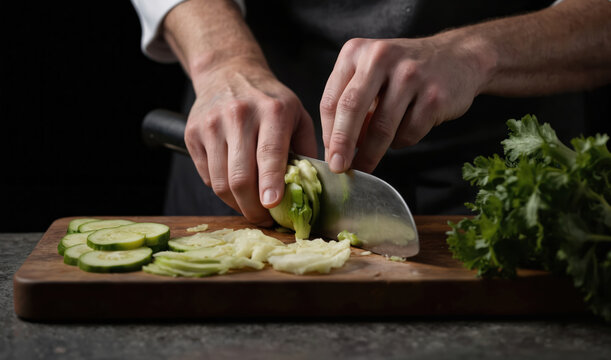 Chef in black apron with green trim expertly chops vibrant green cucumber on wooden cutting board. Silver rings on hands gripping knife for precise slice. Dark gray countertop provides contrasting - Powered by Adobe