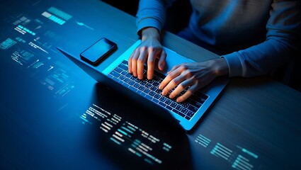 Person typing on laptop with glowing digital code and smartphone