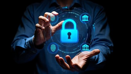 Person holding digital security interface with lock and fingerprints