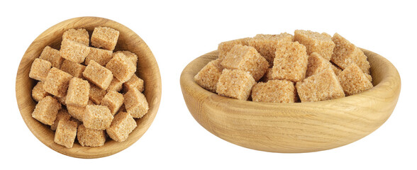 brown sugar in a wooden bowl isolated on white background. Top view. Flat lay