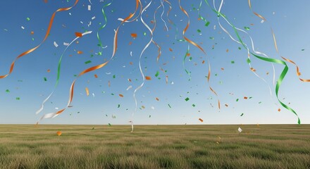 Festive Confetti and Ribbons Shower Over a Grassy Field Under a Clear Blue Sky