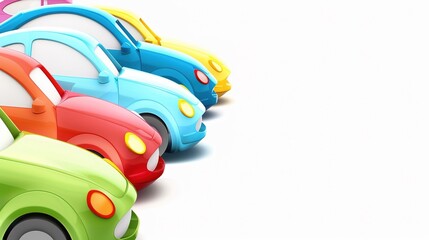 Roadside Fun: Lively Picture of Cartoon Cars Driving on White Cartoon Background – Brightly Colored Vehicles with Round Wheels, Smiling Windshields, and Wavy Tire Tracks, Zooming in Simple