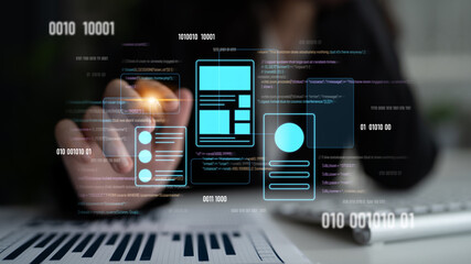 UI UX mockup showing application layout, structure, and code interface. UI design defines user...