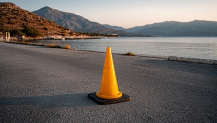 A small, yellow rubber cone is placed on the asphalt of an empty coastal road at sunset. The blue sea and mountains can be seen in the background