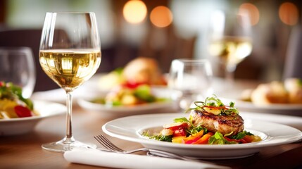 A delicious gourmet meal is perfectly paired with a glass of white wine, creating a fine dining experience.