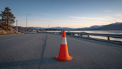 A small, yellow rubber cone is placed on the asphalt of an empty coastal road at sunset. The blue sea and mountains can be seen in the background