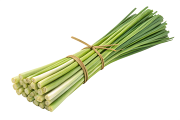Bundle of fresh green lemongrass stalks tied with elastic band on AI generated by PNG