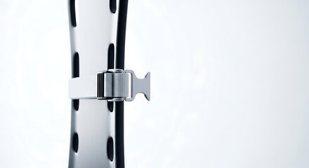 Close up of a silver metal clip attached to a black and silver object against a white background ai generated