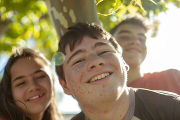 Teenagers students smiling under tree canopy, autism and down syndrome awareness
