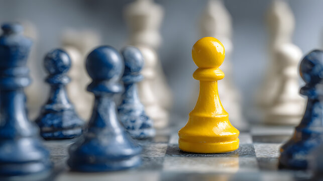 close up view of yellow pawn surrounded by blue and white chess pieces on chessboard, symbolizing strategy and competition in digital age