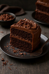Fetta di torta al cioccolato ricca e invitante su piatto nero.