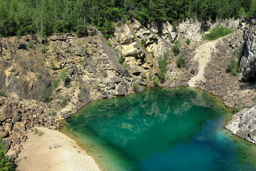 Limestone quarry lake with turquoise water. Summer day in Uskavi, Nora, Bergslagen, Sweden.