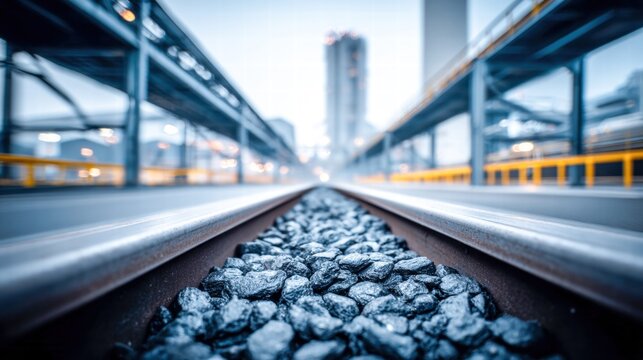 Railway tracks stretch into the distance, leading towards an industrial building in a city.
