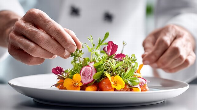 A chef delicately placing edible flowers on a beautifully plated salad.