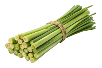 Bundle of fresh green lemongrass stalks tied with elastic band on AI generated by PNG