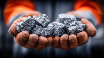 A worker's hands cradling silver ore, showcasing raw material with detail.
