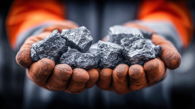 A worker's hands cradling silver ore, showcasing raw material with detail.
