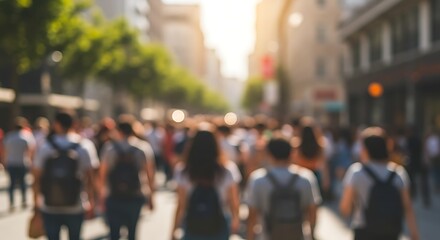 Blurred background of a crowd of people walking down a sunny urban street in summer