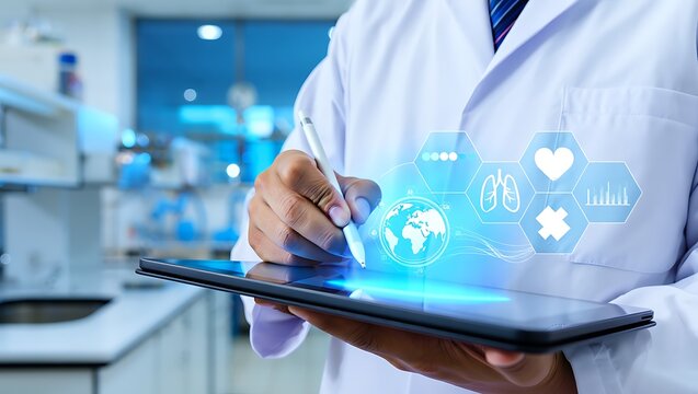 Doctor using tablet with medical icons and globe technology