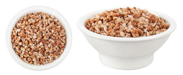 Boiled buckwheat in a ceramic bowl isolated on white background. Top view. Flat lay
