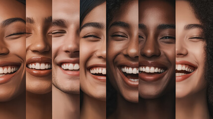 Diverse group of individuals with radiant smiles, each expressing joy and happiness, highlighting the beauty of different cultures and backgrounds, creating a vibrant and uplifting atmosphere