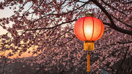 Illuminated Chinese Lantern Hanging from Cherry Blossom Branch at Sunset